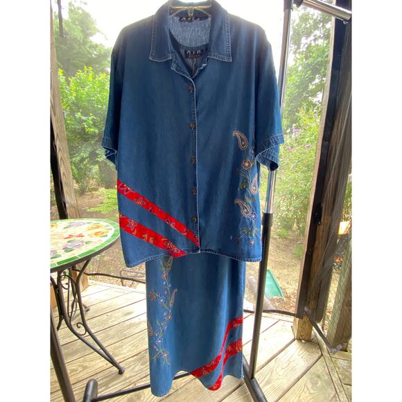 Women's 2 Piece Midi Dress & Over Shirt 2X floral & red fabric trim on both VGUC - Picture 1 of 16